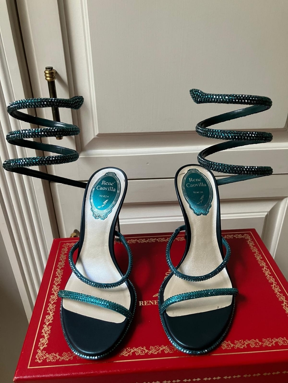 Rene Caovilla Teal Embellished Strappy Sandals